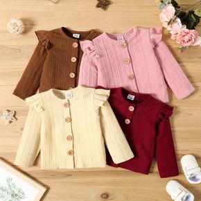Baby Girl Solid Cable Knit Ruffle Long-sleeve Button Down Cardigan
