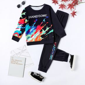 2-piece Kid Boy Letter Painting Print Pullover Sweatshirt and Pants Set