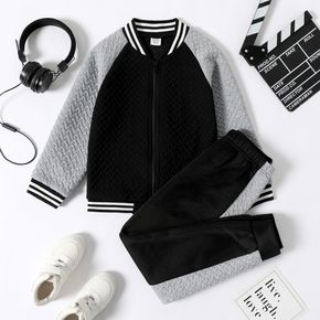 2-piece Kid Boy Textured Colorblock Striped Zipper Bomber Jacket and Pants Casual Set