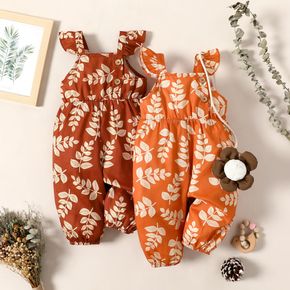 Baby Mädchen Allover-Blätterdruck-Overall mit Rüschenknopf-Design