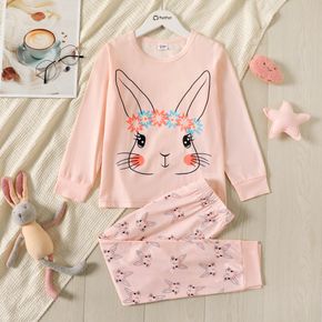 2-piece Kid Girl Cute Rabbit Floral Print Long-sleeve Pink Top and Elasticized Pants Pajamas Lounge Set