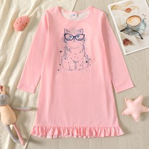 Kid Girl Cute Cat Print Ruffle Hem Long-sleeve Pink Nightdress Nightgown