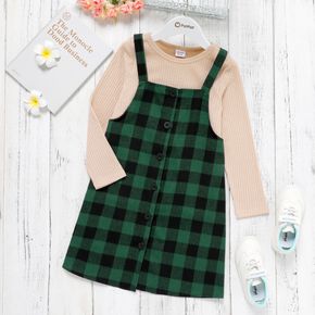 2-piece Kid Girl Long-sleeve Ribbed Top and Button Design Plaid Overall Dress Set