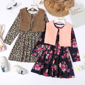 2-piece Kid Girl Floral/Leopard Print Long-sleeve Dress and Fuzzy Vest Coat Set