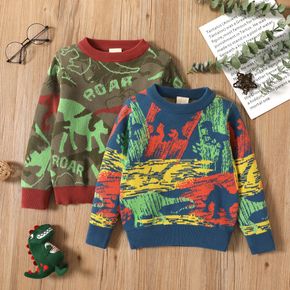 Dinosaur Allover Color Block Long-sleeve Army Green or Blue Toddler Sweater Top