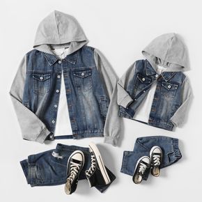 Light Blue Denim Splicing Long-sleeve Hooded Jackets for Mom and Me