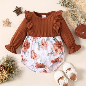 Baby Girl Brown Ribbed Ruffle Long-sleeve Splicing Floral Print Romper