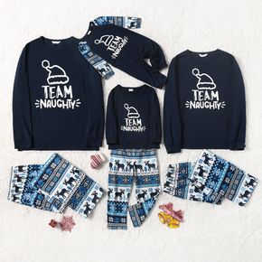 Christmas Hat and Letter Print Blue Family Matching Long-sleeve Pajamas Sets (Flame Resistant)