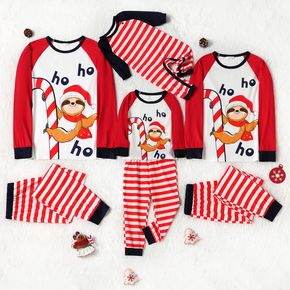 Christmas Cartoon Animal and Letter Red Family Matching Raglan Long-sleeve Striped Pajamas Sets (Flame Resistant)