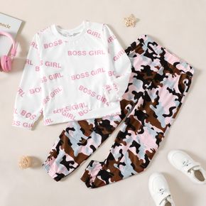 2-piece Kid Girl Letter Print White Sweatshirt and Camouflage Print Pants Set
