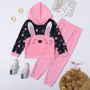 2-piece Kid Girl Animal Rabbit Stars Print Hoodie Sweatshirt and Pink Pants Set