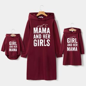 Letter Print Wine Red Long-sleeve Hoodie Dress for Mom and Me