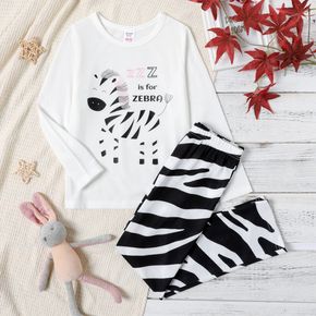 2-piece Kid Girl Letter Zebra Print Long-sleeve Tee and Striped Pants Pajamas Lounge Set