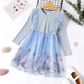 Kid Girl Unicorn Print Ruffled Mesh Design Long-sleeve Splice Dress