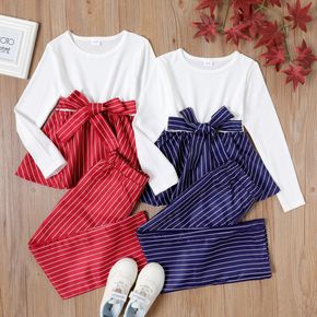 2-piece Kid Girl Striped Bowknot Belted Peplum Long-sleeve Top and Straight Pants Set