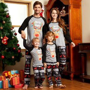 Christmas Deer and Letter Print Grey Family Matching Raglan Long-sleeve Pajamas Sets (Flame Resistant)