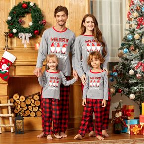 Christmas Gnome and Letter Print Grey Family Matching Long-sleeve Plaid Pajamas Sets (Flame Resistant)