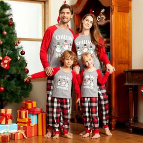Christmas Snowman and Letter Print Family Matching Red Raglan Long-sleeve Plaid Pajamas Sets (Flame Resistant)