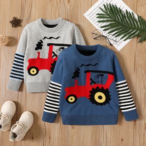 Vehicle and Stripe Print Color Block Long-sleeve Grey or Blue Toddler Sweater Top