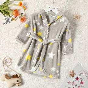 Star Allover Belt Decor Hooded Fluffy Long-sleeve Grey Toddler Pajamas