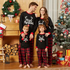 Christmas Antlers and Letter Print Black Family Matching Long-sleeve Plaid Pajamas Sets (Flame Resistant)