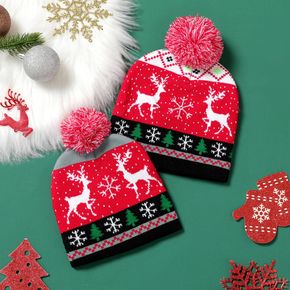 Christmas Hats Pompon Decor Knit Beanie Hats for Mom and Me