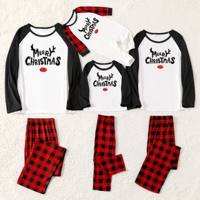 Merry Christmas Antlers Letter Print Family Matching Long-sleeve Buffalo Plaid Pajamas Sets (Flame Resistant)