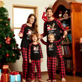 Christmas Cartoon Letter Print Family Matching Raglan Long-sleeve Red Plaid Pajamas Sets (Flame Resistant)