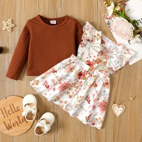 2pcs Baby Girl Brown Ribbed Long-sleeve Top and Floral Print Flutter-sleeve Dress Dress Set