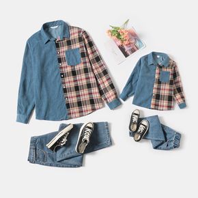 Blue Corduroy Splicing Plaid Long-sleeve Shirts for Dad and Me