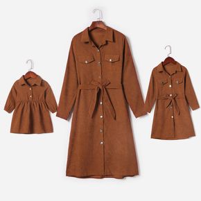 Khaki Lapel Button Down Long-sleeve Belted Dress for Mom and Me