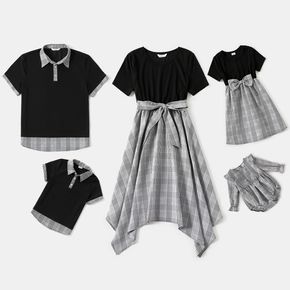 Family Matching Black Short-sleeve Splicing Plaid Dresses and Polo Shirts Sets
