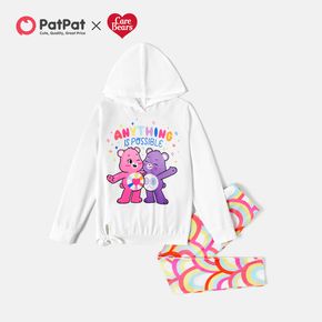 Care Bears 2-piece Kid Girl  Letter Print Tie Knot Hoodie Sweatshirt and Rainbow Print Leggings Set