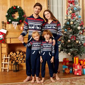 Christmas Reindeer Print Splicing Blue Family Matching Long-sleeve Hooded Onesies Pajamas Sets (Flame Resistant)