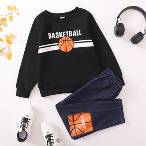 2-piece Kid Boy Letter Basketball Print Pullover Sweatshirt and Denim Jeans Set