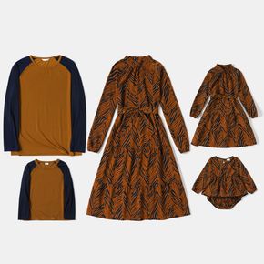 Family Matching Allover Floral Print Long-sleeve Belted Dresses and Color Block T-shirts Sets