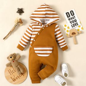 Baby Boy Brown Striped Splicing Long-sleeve Hooded Jumpsuit