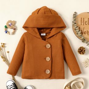Baby Boy/Girl Solid Brown Waffle Button Down Long-sleeve Hooded Jacket