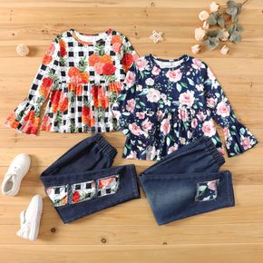 2-piece Kid Girl Floral Print Long Bell sleeves Peplum Top and Patchwork Denim Jeans Set