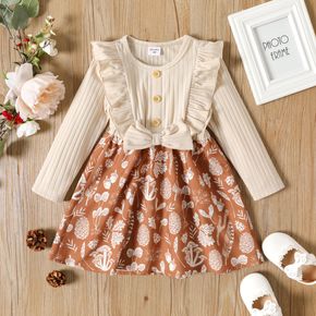 Toddler Girl Ruffled Ribbed Bowknot Design Floral Print Splice Long-sleeve Dress