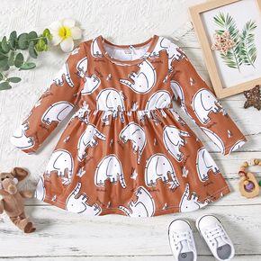 Baby Girl All Over Elephant and Letter Print Brown Long-sleeve Dress