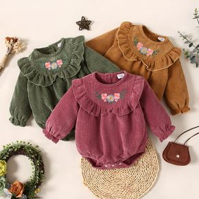 Baby Girl Floral Embroidered Solid Long-sleeve Ruffle Romper
