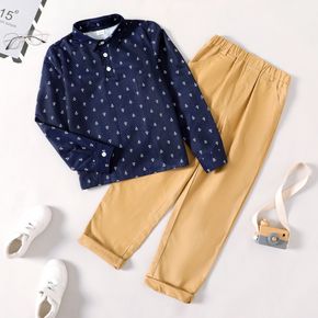2-piece Kid Boy Anchor Print Button Design Mandarin Collar Long-sleeve Shirt and Elegant Khaki Pants Set