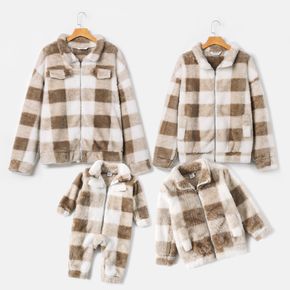 Family Matching Light Khaki Thickened Fuzzy Fleece Lapel Long-sleeve Zip Jackets