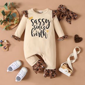2pcs Baby Girl Letter Print Apricot Ribbed Long-sleeve Splicing Leopard Ruffle Jumpsuit Set