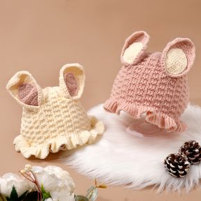 Baby / Toddler Bunny Ear Decor Ruffle Solid Color Knit Beanie Hat with Rope
