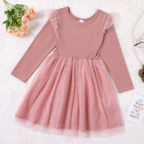 Kid Girl Mesh Splice Long-sleeve Pink Dress