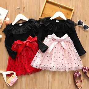 Toddler Girl Lace Bowknot Design Polka dots Mesh Splice Long-sleeve Dress