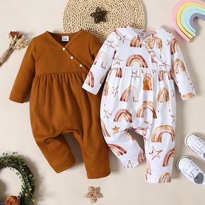 Baby Girl Waffle Brown/White All Over Rainbow Print V Neck Long-sleeve Jumpsuit