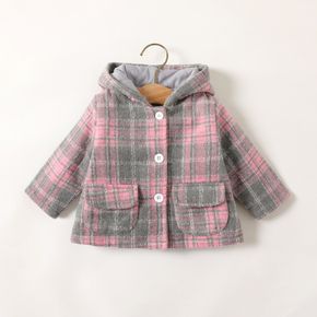 Baby Girl 100% Cotton Plaid Button Design Hooded Coat